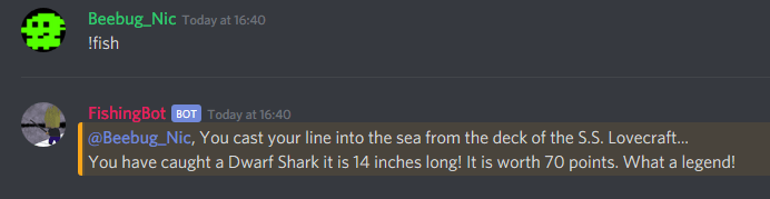 Screenshot of a text description of a fish being caught on discord